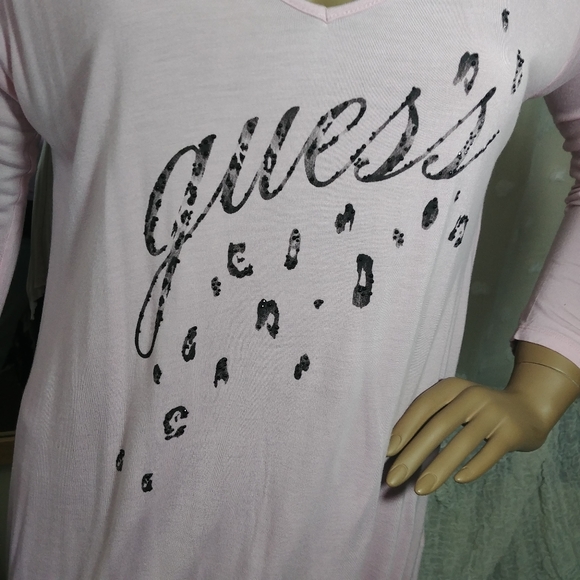 Guess ☆ Y2k Pink Soft Cheetah Bling Glitter V-Neck Long Sleeve Tunic Shirt L - Picture 6 of 11